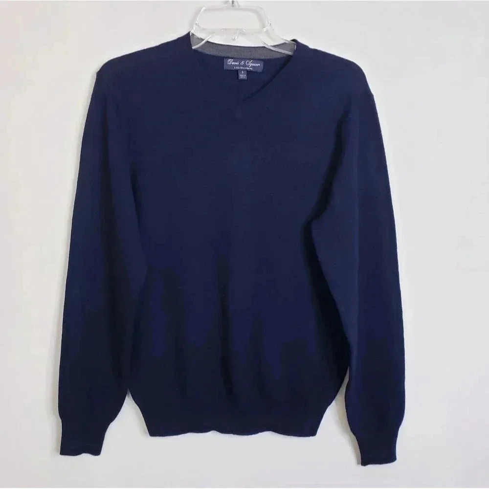 Davis & Squire Sweater Extra Fine Merino Wool Small Navy Blue V-Neck Long Sleeve